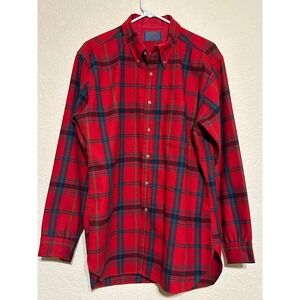 Pendleton Mens Red Plaid Wool Flannel Button Down Shirt‎ Size L Made in USA